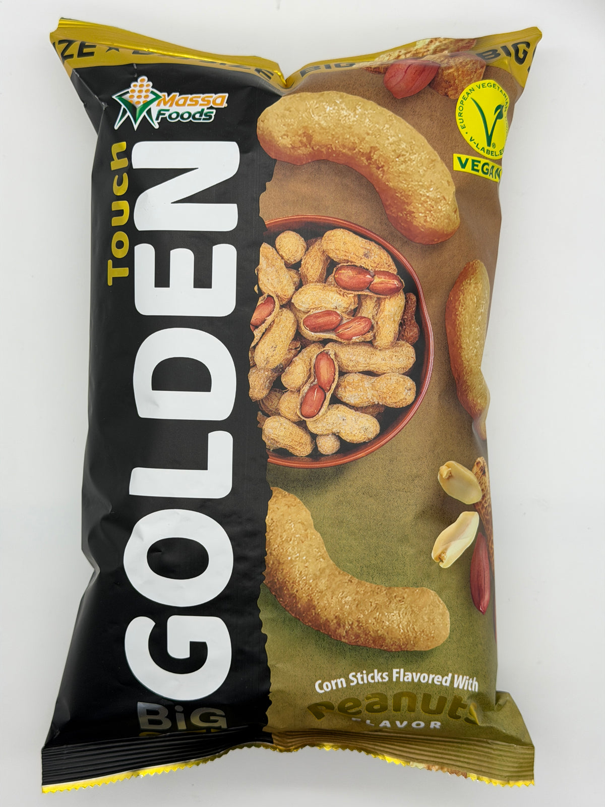 Golden Touch Peanuts corn sticks, big-size pack — box of 12, contains peanuts